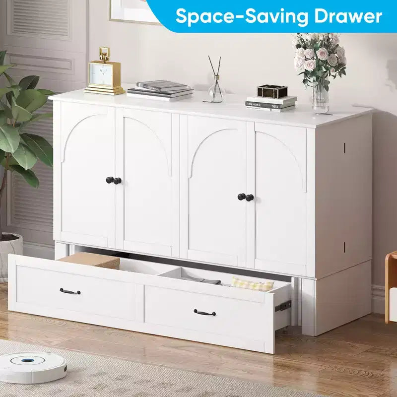 Queen Murphy Bed Cabinet with Storage Drawers & USB Charging Station – Optional Mattress