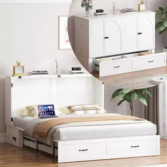 Mjkone Queen Size Murphy Bed Chest with Storage & Charging,Optional Mattress