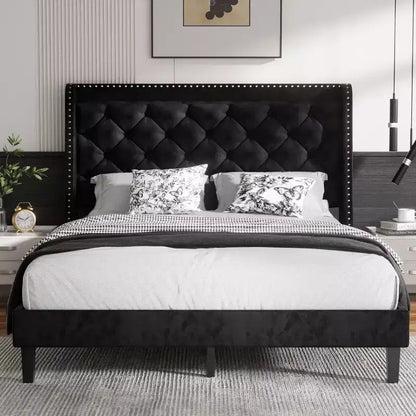 Queen Wingback Bed Frame – Tufted Velvet, 48" Headboard, Wood Slats, Black