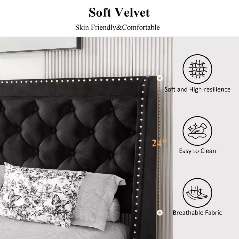 Queen Wingback Bed Frame – Tufted Velvet, 48" Headboard, Wood Slats, Black