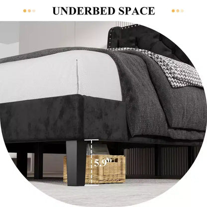 Queen Wingback Bed Frame – Tufted Velvet, 48" Headboard, Wood Slats, Black