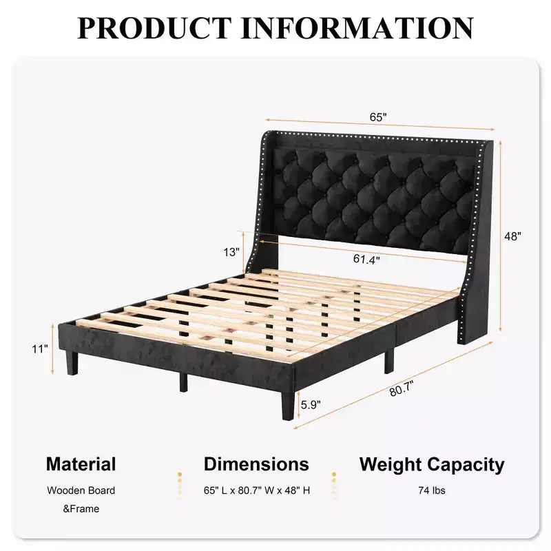 Queen Wingback Bed Frame – Tufted Velvet, 48" Headboard, Wood Slats, Black