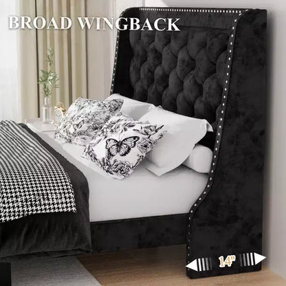 Queen Wingback Bed Frame – Tufted Velvet, 48" Headboard, Wood Slats, Black
