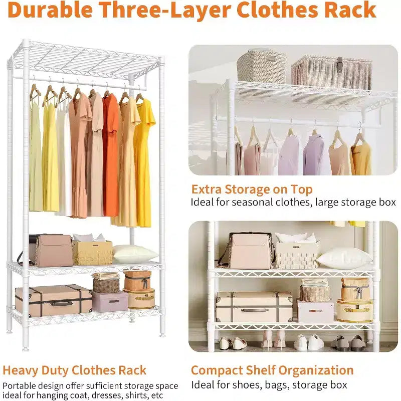 3-Tier Clothes Rack with Shelves, Freestanding Portable Clothing Racks with Hanging Rod, Space Saving Adjustable Garment Rack for Bedroom