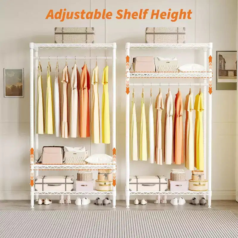 3-Tier Clothes Rack with Shelves, Freestanding Portable Clothing Racks with Hanging Rod, Space Saving Adjustable Garment Rack for Bedroom
