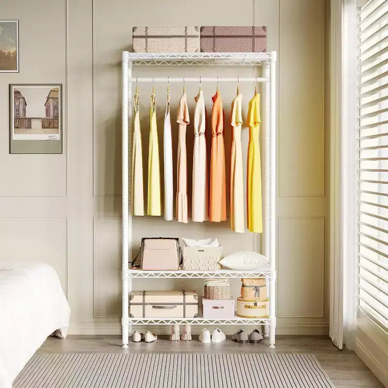 3-Tier Clothes Rack with Shelves, Freestanding Portable Clothing Racks with Hanging Rod, Space Saving Adjustable Garment Rack for Bedroom