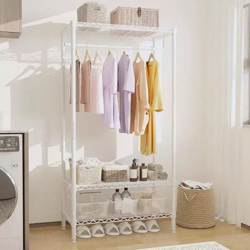 3-Tier Clothes Rack with Shelves, Freestanding Portable Clothing Racks with Hanging Rod, Space Saving Adjustable Garment Rack for Bedroom