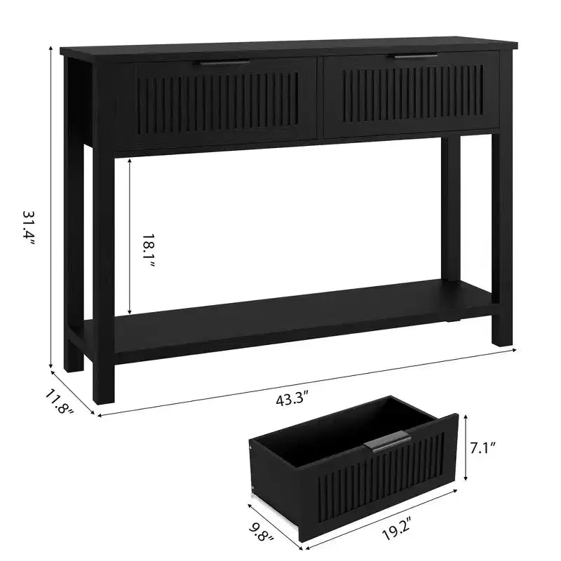 43" Slim Vintage Console Table – Black, Drawer & Lower Display Shelf