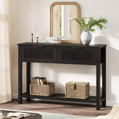 43" Slim Vintage Console Table – Black, Drawer & Lower Display Shelf