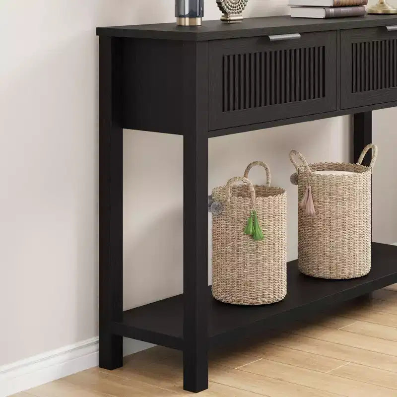 43" Slim Vintage Console Table – Black, Drawer & Lower Display Shelf