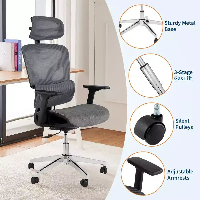Ergonomic Mesh Office Chair with High Back Support, 3D Adjustable Armrests, Smooth Wheels,Breathable Desk Computer Chair for Long Hours of Work,Study