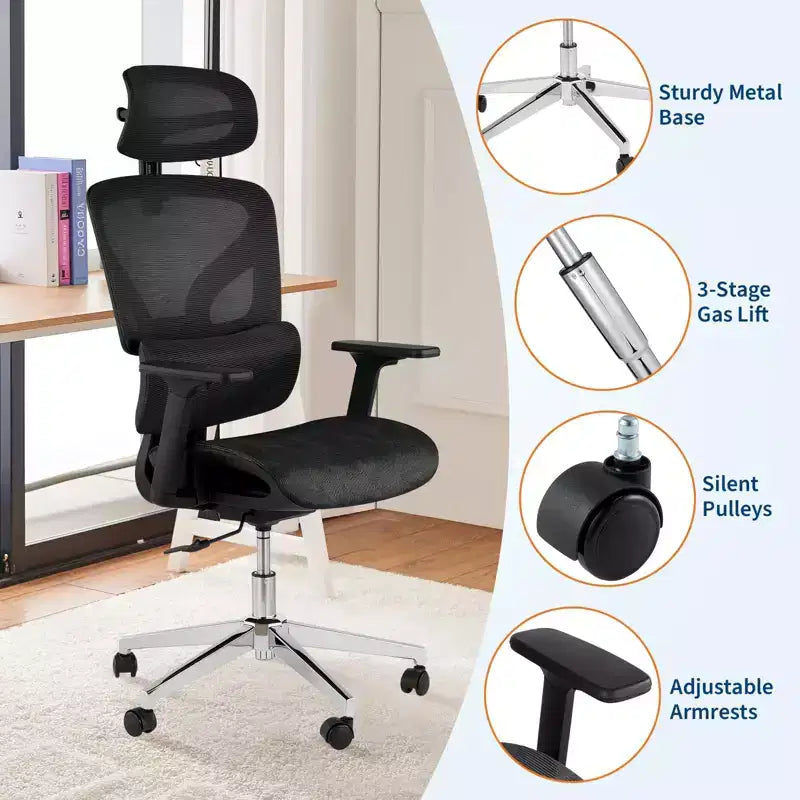 Ergonomic Mesh Office Chair with High Back Support, 3D Adjustable Armrests, Smooth Wheels,Breathable Desk Computer Chair for Long Hours of Work,Study