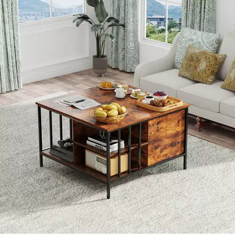 Farmhouse Lift Top Coffee Table – Hidden Storage, 3 Shelves & Adjustable Height