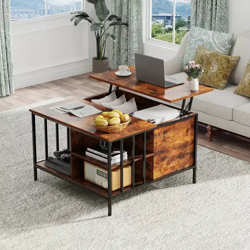 Farmhouse Lift Top Coffee Table – Hidden Storage, 3 Shelves & Adjustable Height