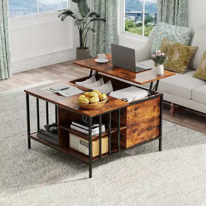 Farmhouse Lift Top Coffee Table – Hidden Storage, 3 Shelves & Adjustable Height