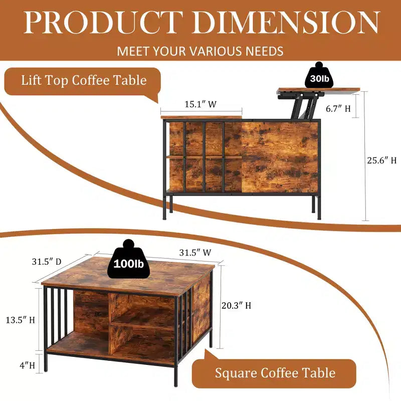 Farmhouse Lift Top Coffee Table – Hidden Storage, 3 Shelves & Adjustable Height