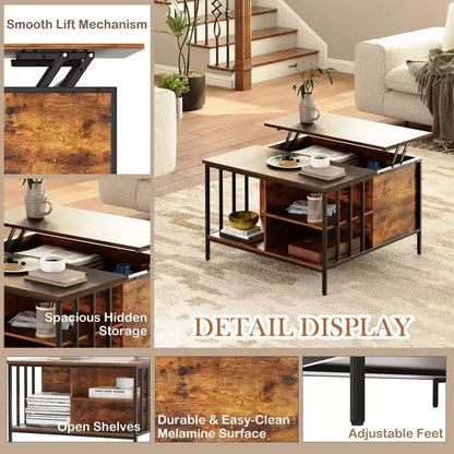 Farmhouse Lift Top Coffee Table – Hidden Storage, 3 Shelves & Adjustable Height