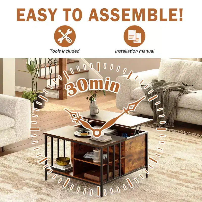 Farmhouse Lift Top Coffee Table – Hidden Storage, 3 Shelves & Adjustable Height