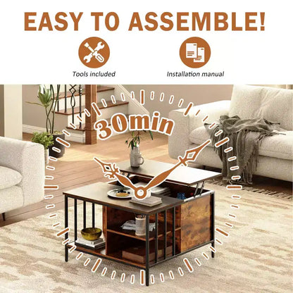 Farmhouse Lift Top Coffee Table – Hidden Storage, 3 Shelves & Adjustable Height