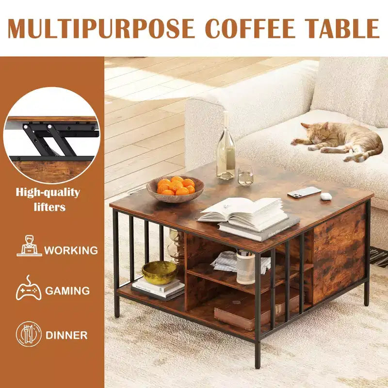 Farmhouse Lift Top Coffee Table – Hidden Storage, 3 Shelves & Adjustable Height