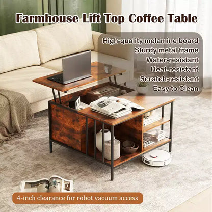 Farmhouse Lift Top Coffee Table – Hidden Storage, 3 Shelves & Adjustable Height
