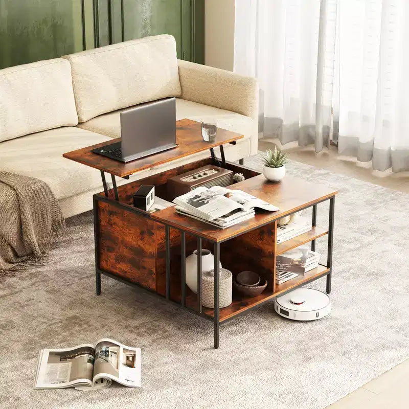 Farmhouse Lift Top Coffee Table – Hidden Storage, 3 Shelves & Adjustable Height