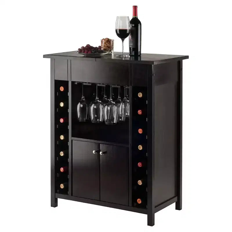 Yukon Wine Cabinet – Espresso Hardwood, 14-Bottle Rack & Stemware Holder