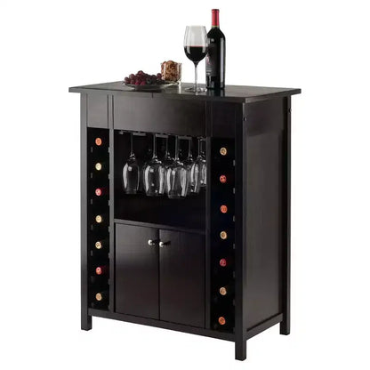 Yukon Wine Cabinet – Espresso Hardwood, 14-Bottle Rack & Stemware Holder