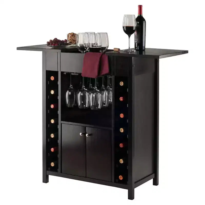 Yukon Wine Cabinet – Espresso Hardwood, 14-Bottle Rack & Stemware Holder