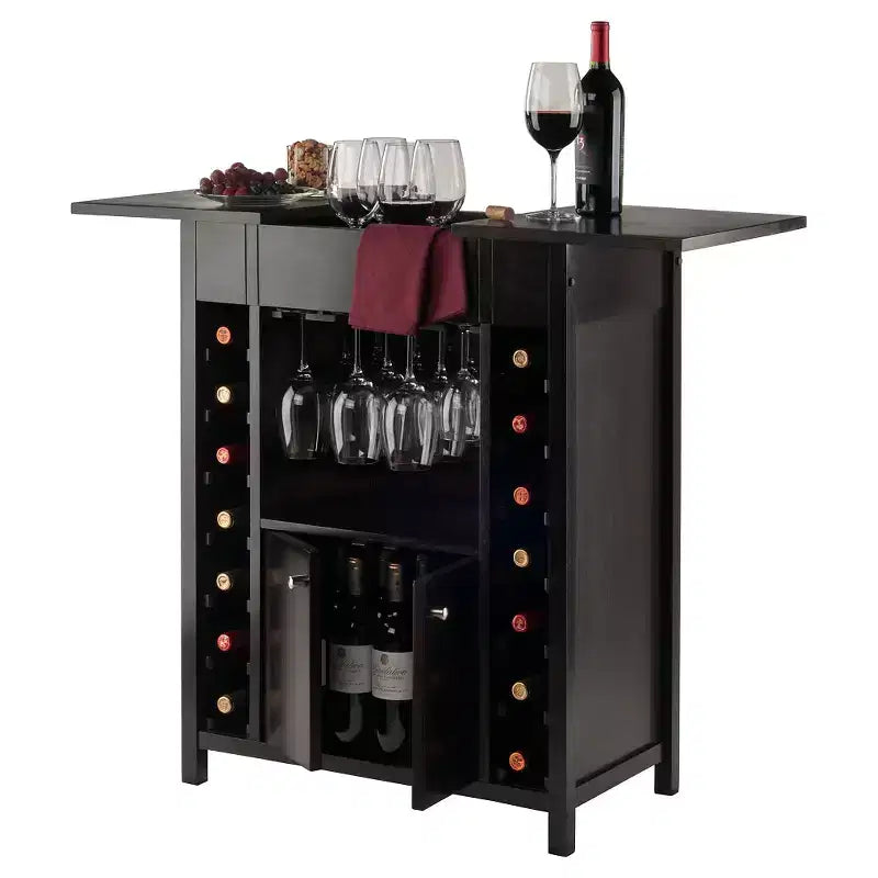Yukon Wine Cabinet – Espresso Hardwood, 14-Bottle Rack & Stemware Holder
