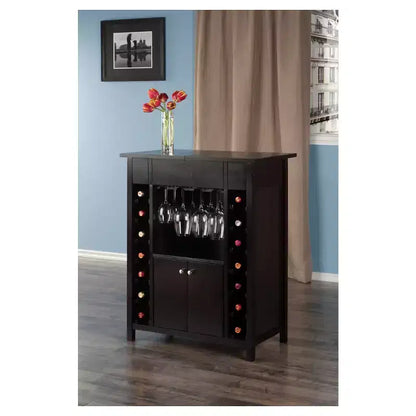 Yukon Wine Cabinet – Espresso Hardwood, 14-Bottle Rack & Stemware Holder