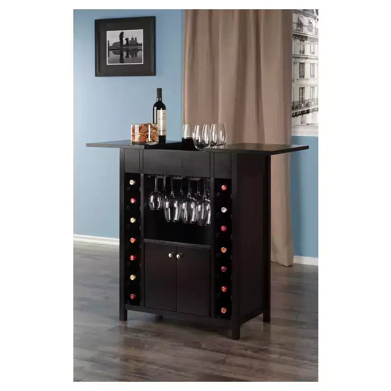 Yukon Wine Cabinet – Espresso Hardwood, 14-Bottle Rack & Stemware Holder