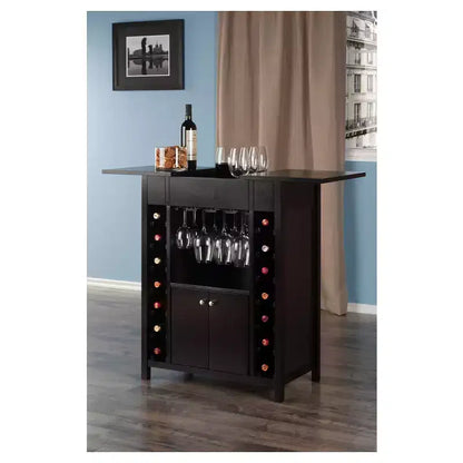 Yukon Wine Cabinet – Espresso Hardwood, 14-Bottle Rack & Stemware Holder