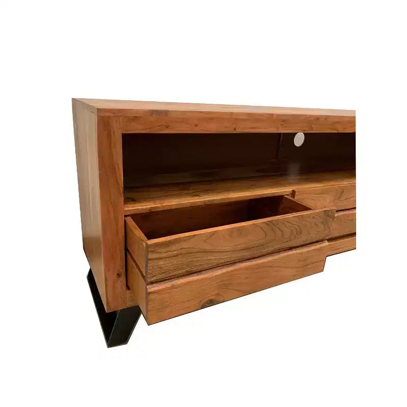 Live Edge Acacia Wood TV Stand for TVs up to 65" – Industrial Black Iron Legs, Light Brown