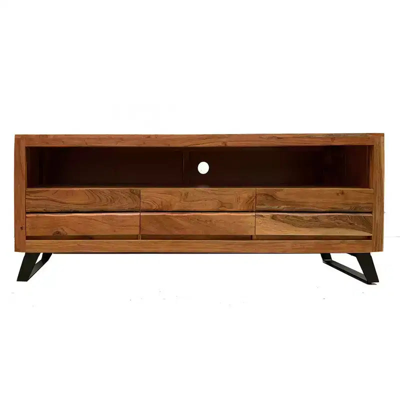 Live Edge Acacia Wood TV Stand for TVs up to 65" – Industrial Black Iron Legs, Light Brown