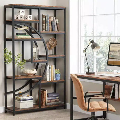 69" 5-Tier Etagere Bookcase – Half-Moon Geometric Design, Brown & Black Metal
