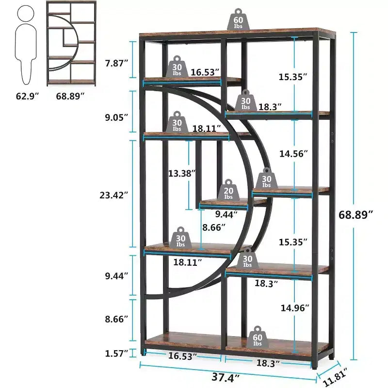 69" 5-Tier Etagere Bookcase – Half-Moon Geometric Design, Brown & Black Metal