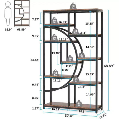 69" 5-Tier Etagere Bookcase – Half-Moon Geometric Design, Brown & Black Metal