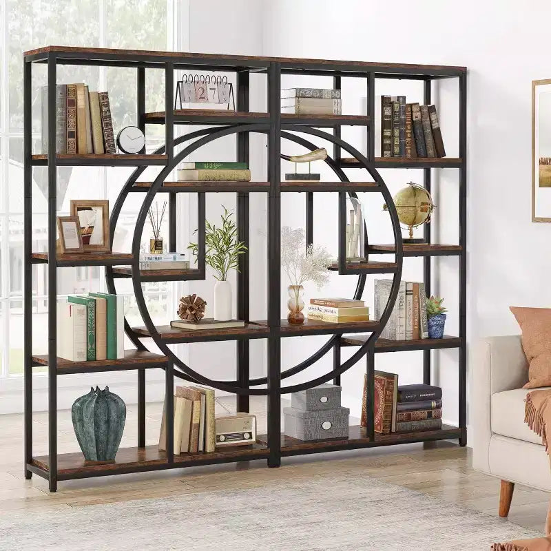 69" 5-Tier Etagere Bookcase – Half-Moon Geometric Design, Brown & Black Metal
