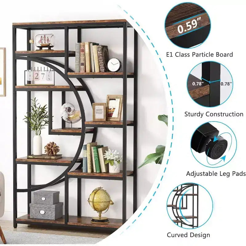 69" 5-Tier Etagere Bookcase – Half-Moon Geometric Design, Brown & Black Metal