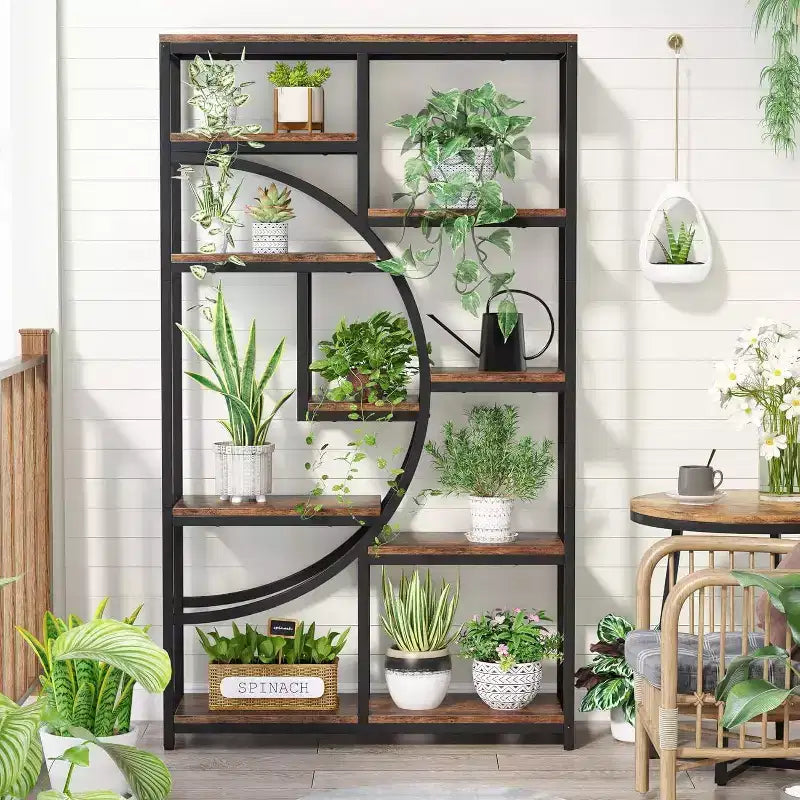 69" 5-Tier Etagere Bookcase – Half-Moon Geometric Design, Brown & Black Metal
