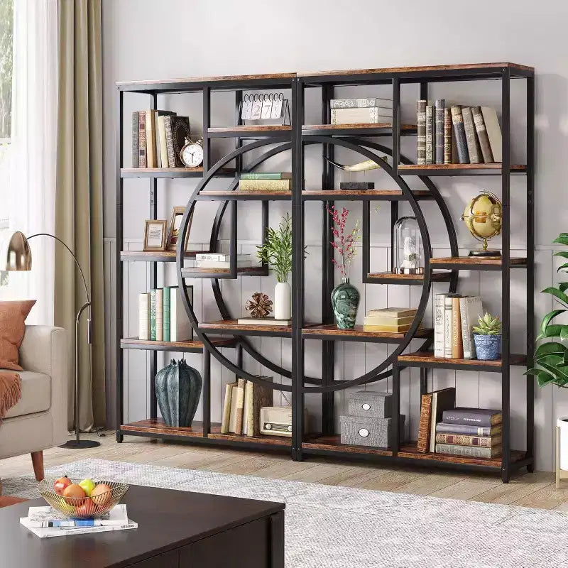 69" 5-Tier Etagere Bookcase – Half-Moon Geometric Design, Brown & Black Metal