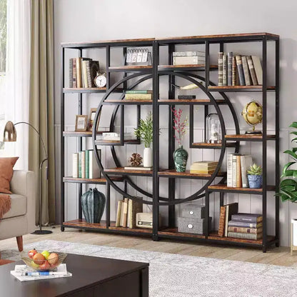 69" 5-Tier Etagere Bookcase – Half-Moon Geometric Design, Brown & Black Metal