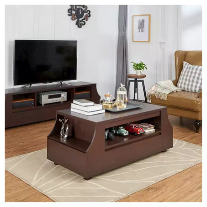 Carmona Multi-Storage Coffee Table Walnut – Curved Panels, Hidden Drawers, Side Shelves