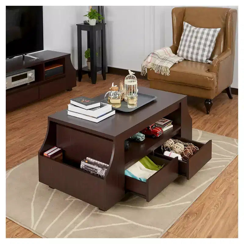Carmona Multi-Storage Coffee Table Walnut – Curved Panels, Hidden Drawers, Side Shelves