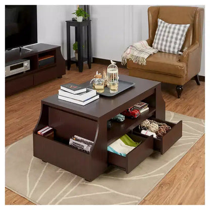 Carmona Multi-Storage Coffee Table Walnut – Curved Panels, Hidden Drawers, Side Shelves