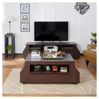 Carmona Multi-Storage Coffee Table Walnut – Curved Panels, Hidden Drawers, Side Shelves