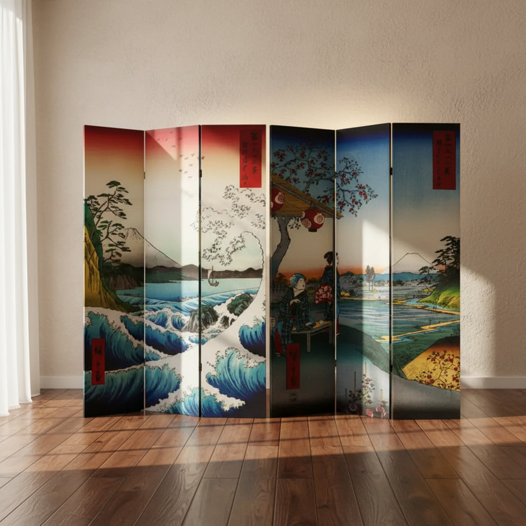 Oriental Furniture 6' Tall Double Sided Hiroshige Room Divider Sea At Satta/Teahouse : Folding Privacy Screen, Wood Composite Frame