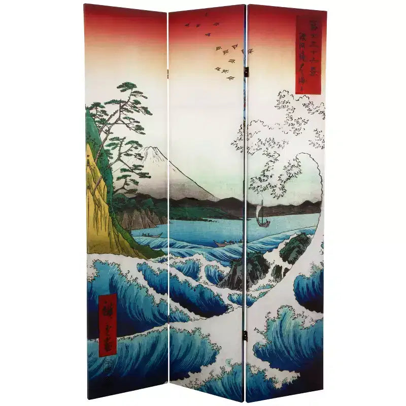 Hiroshige Double-Sided Folding Room Divider – 6' Tall, 3 Panels, Ukiyo-e Art