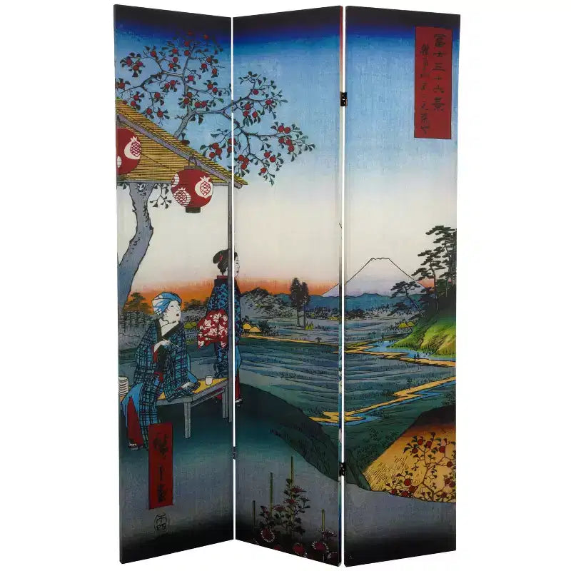 Hiroshige Double-Sided Folding Room Divider – 6' Tall, 3 Panels, Ukiyo-e Art